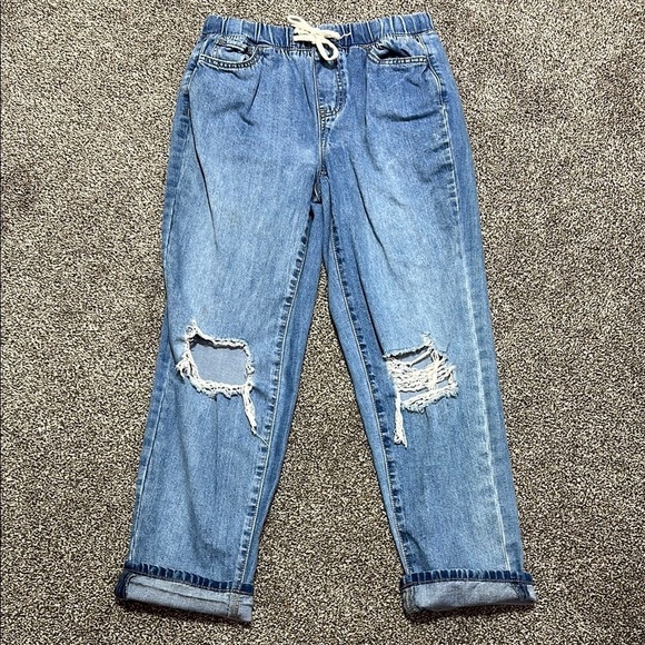 Rewash Denim - Rewash Blue Ankle Cropped Jeans with Distressed Details SMALL drawstring waist